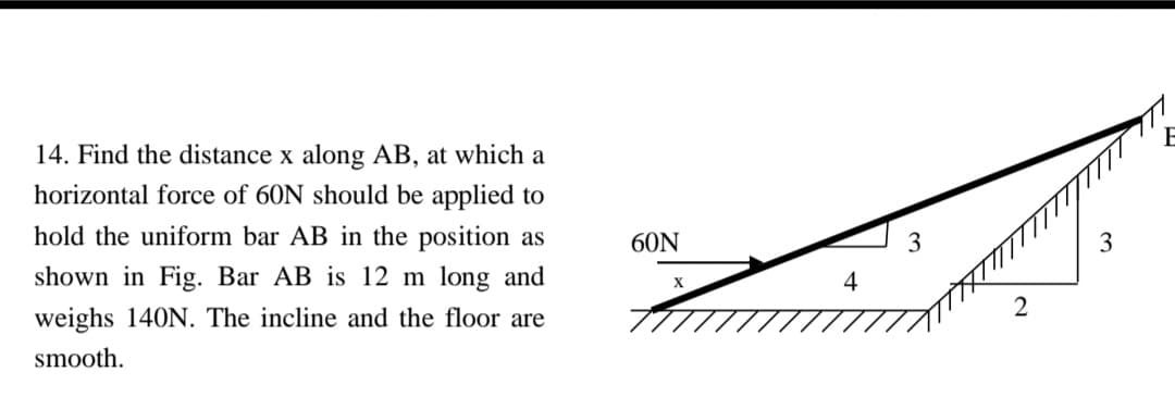 14. Find the distance x along AB, at which a
horizontal force of 60N should be applied to
hold the uniform bar AB in the position as
60N
3
shown in Fig. Bar AB is 12 m long and
4
weighs 140N. The incline and the floor are
smooth.
