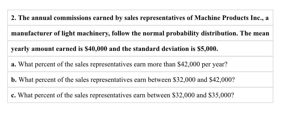 2. The annual commissions earned by sales representatives of Machine Products Inc., a
manufacturer of light machinery, follow the normal probability distribution. The mean
yearly amount earned is $40,000 and the standard deviation is $5,000.
a. What percent of the sales representatives earn more than $42,000 per year?
b. What percent of the sales representatives earn between $32,000 and $42,000?
c. What percent of the sales representatives earn between $32,000 and $35,000?