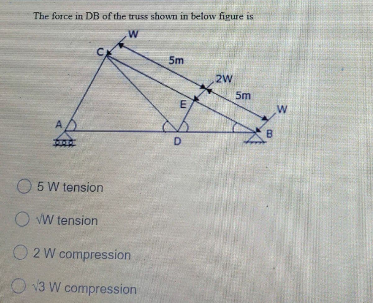 The force in DB of the truss shown in below figure is
C
5m
2W
5m
E
W
A
B.
D.
5 W tension
O VW tension
O 2W compression
O v3 W compression
