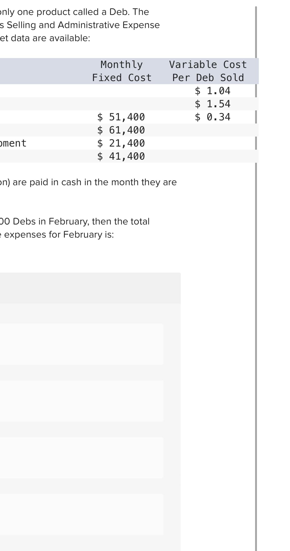 only one product called a Deb. The
s Selling and Administrative Expense
et data are available:
oment
Monthly
Fixed Cost
$ 51,400
$ 61,400
$ 21,400
$ 41,400
Variable Cost
Per Deb Sold
on) are paid in cash in the month they are
00 Debs in February, then the total
e expenses for February is:
$ 1.04
$ 1.54
$ 0.34
