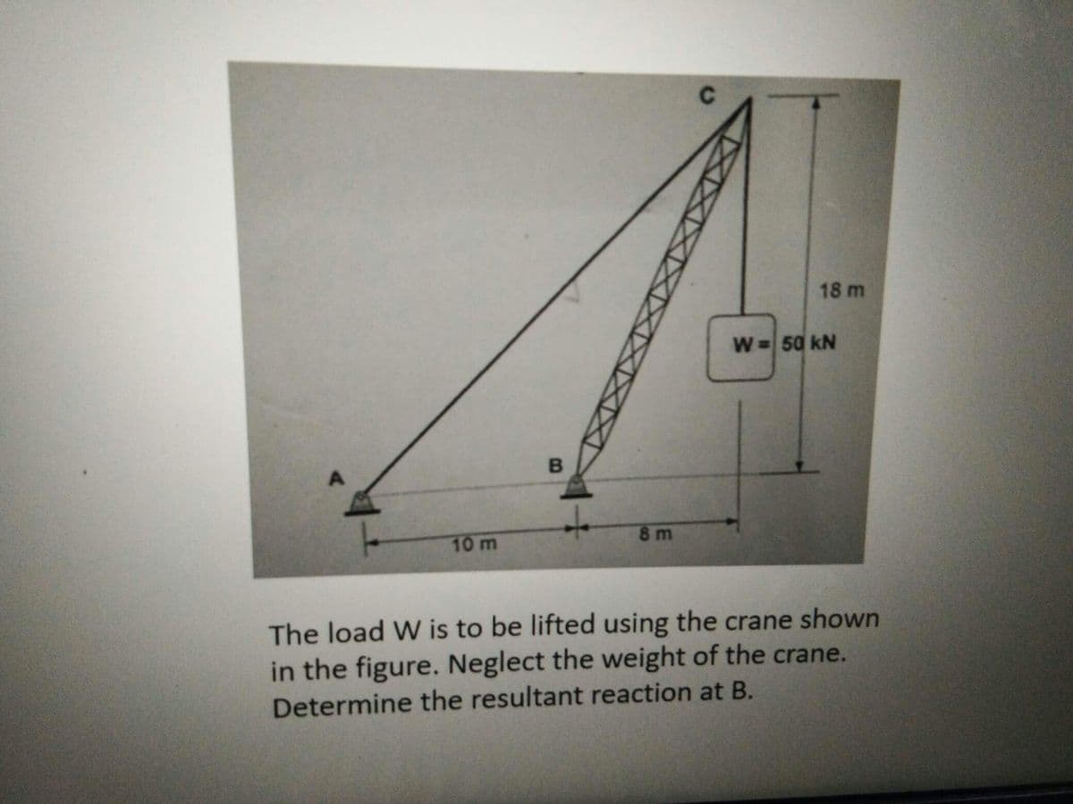 18 m
W =50 kN
8 m
10 m
The load W is to be lifted using the crane shown
in the figure. Neglect the weight of the crane.
Determine the resultant reaction at B.
B.
