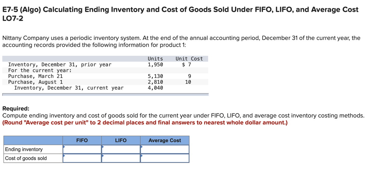 E7-5 (Algo) Calculating Ending Inventory and Cost of Goods Sold Under FIFO, LIFO, and Average Cost
LO7-2
Nittany Company uses a periodic inventory system. At the end of the annual accounting period, December 31 of the current year, the
accounting records provided the following information for product 1:
Inventory, December 31, prior year
For the current year:
Purchase, March 21
Purchase, August 1
Inventory, December 31, current year
Ending inventory
Cost of goods sold
FIFO
Units
1,950
LIFO
5, 130
2,810
4,040
Required:
Compute ending inventory and cost of goods sold for the current year under FIFO, LIFO, and average cost inventory costing methods.
(Round "Average cost per unit" to 2 decimal places and final answers to nearest whole dollar amount.)
Unit Cost
$ 7
9
10
Average Cost