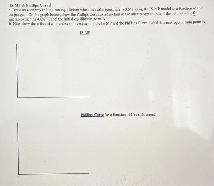 IS-MP & Phillips Curvel
a. Draw an economy in long-run equilibrium when the real interest rate is 3.5% using the IS-MP model as a function of the
output gap. On the graph below, show the Phillips Curve as a function of the unemployment rate if the natural rate off
unemployment is 4.6%. Label the initial equilibrium point A.
b. Now show the effect of an increase in investment in the IS-MP and the Phillips Curve. Label this new equilibrium point B.
IS-MP
Phillips Curve (as a function of Unemployment)