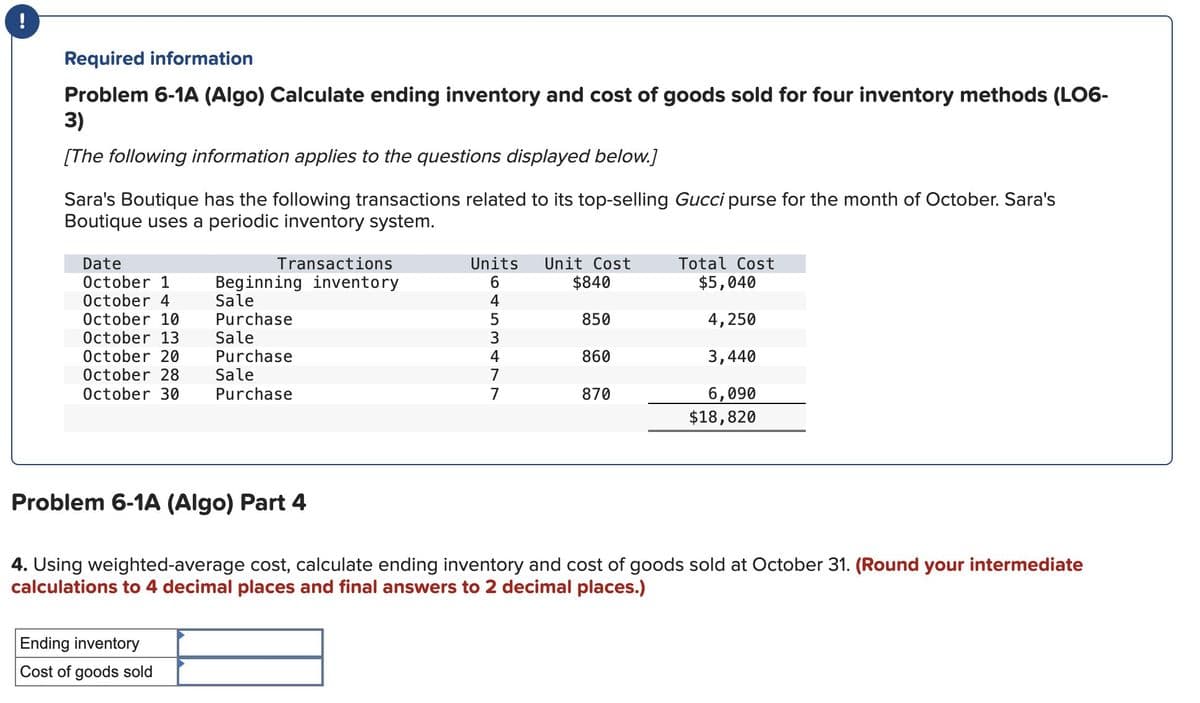 Required information
Problem 6-1A (Algo) Calculate ending inventory and cost of goods sold for four inventory methods (LO6-
3)
[The following information applies to the questions displayed below.]
Sara's Boutique has the following transactions related to its top-selling Gucci purse for the month of October. Sara's
Boutique uses a periodic inventory system.
Date
Transactions
Units
Unit Cost
Total Cost
October 1
Beginning inventory
October 4
Sale
October 10
Purchase
October 13
Sale
October 20
Purchase
October 28
Sale
October 30
Purchase
6453477
$840
$5,040
5
850
4,250
860
3,440
870
6,090
$18,820
Problem 6-1A (Algo) Part 4
4. Using weighted-average cost, calculate ending inventory and cost of goods sold at October 31. (Round your intermediate
calculations to 4 decimal places and final answers to 2 decimal places.)
Ending inventory
Cost of goods sold
