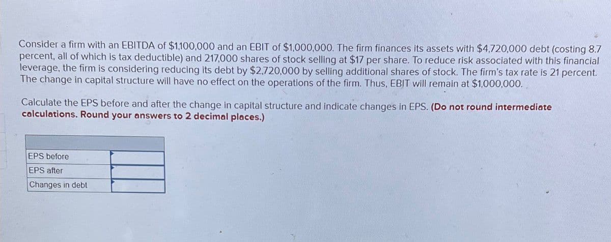 Consider a firm with an EBITDA of $1,100,000 and an EBIT of $1,000,000. The firm finances its assets with $4,720,000 debt (costing 8.7
percent, all of which is tax deductible) and 217,000 shares of stock selling at $17 per share. To reduce risk associated with this financial
leverage, the firm is considering reducing its debt by $2,720,000 by selling additional shares of stock. The firm's tax rate is 21 percent.
The change in capital structure will have no effect on the operations of the firm. Thus, EBIT will remain at $1,000,000.
Calculate the EPS before and after the change in capital structure and indicate changes in EPS. (Do not round intermediate
calculations. Round your answers to 2 decimal places.)
EPS before
EPS after
Changes in debt