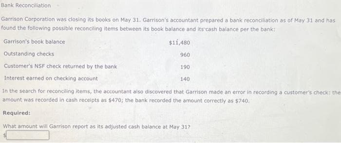 Bank Reconciliation
Garrison Corporation was closing its books on May 31. Garrison's accountant prepared a bank reconciliation as of May 31 and has
found the following possible reconciling items between its book balance and its cash balance per the bank:
$11,480
Garrison's book balance
Outstanding checks
Customer's NSF check returned by the bank
Interest earned on checking account
In the search for reconciling items, the accountant also discovered that Garrison made an error in recording a customer's check: the
amount was recorded in cash receipts as $470; the bank recorded the amount correctly as $740.
Required:
960
190
140
What amount will Garrison report as its adjusted cash balance at May 31?