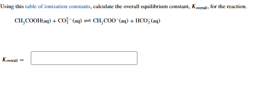 Using this table of ionization constants, calculate the overall equilibrium constant, Koverall, for the reaction.
CH₂COOH(aq) + CO¯(aq) =CH₂COO¯(aq) + HCO3(aq)
Koverall =