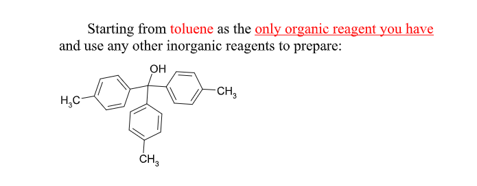 Starting from toluene as the only organic reagent you have
and use any other inorganic reagents to prepare:
Он
CH,
Н.С
CH,
