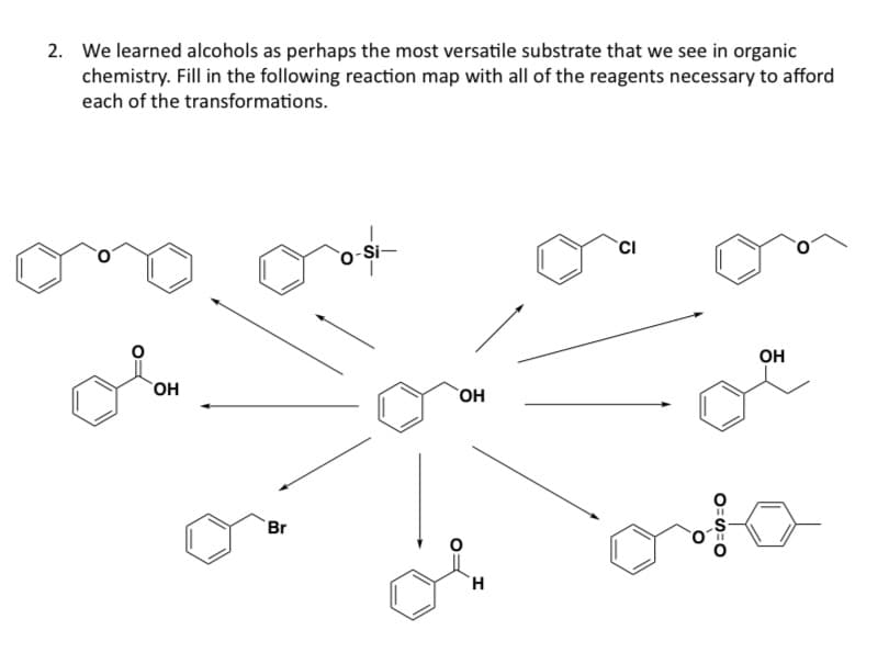2. We learned alcohols as perhaps the most versatile substrate that we see in organic
chemistry. Fill in the following reaction map with all of the reagents necessary to afford
each of the transformations.
o-Si
CI
он
он
`OH
Br
O==0
