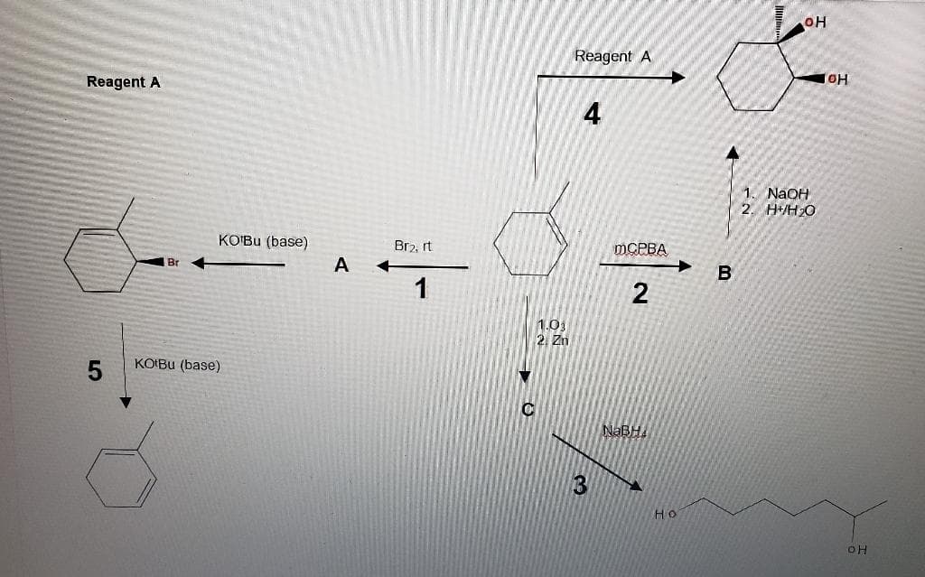Reagent A
5
Br
KO'Bu (base)
KOtBu (base)
A
Br₂, rt
1
C
1.03
2. Zn
Reagent A
4
3
MCPBA
2
NaBH.
A
Но
B
OH
1. NaOH
2. H+/H₂O
TOH
OH