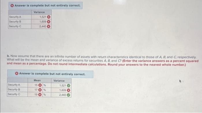 Answer is complete but not entirely correct.
Variance
Security A
1,521
Security B
Security C
1,609
2,440
b. Now assume that there are an infinite number of assets with return characteristics identical to those of A, B, and C, respectively.
What will be the mean and variance of excess returns for securities A, B, and C? (Enter the variance answers as a percent squared
and mean as a percentage. Do not round intermediate calculations. Round your answers to the nearest whole number.)
Answer is complete but not entirely correct.
Mean
Variance
Security A
15%
1,521
Security B
17%
1,609
Security C
19%
2,440