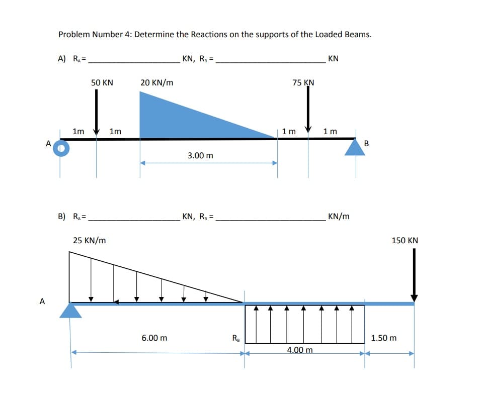 A
Problem Number 4: Determine the Reactions on the supports of the Loaded Beams.
A) RA=
KN, R₂ =
KN
50 KN
20 KN/m
75 KN
3.00 m
KN, R₂ =
1m
B) RA=
25 KN/m
1m
6.00 m
Ra
1 m
4.00 m
1 m
KN/m
B
150 KN
1.50 m