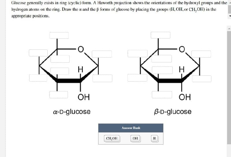 Glucose generally exists in ring (cyclic) form. A Haworth projection shows the orientations of the hydroxyl groups and the
hydrogen atoms on the ring. Draw the x and the ß forms of glucose by placing the groups (H, OH, or CH₂OH) in the
appropriate positions.
H
H
OH
OH
x-D-glucose
B-D-glucose
H
CH₂OH
Answer Bank
OH