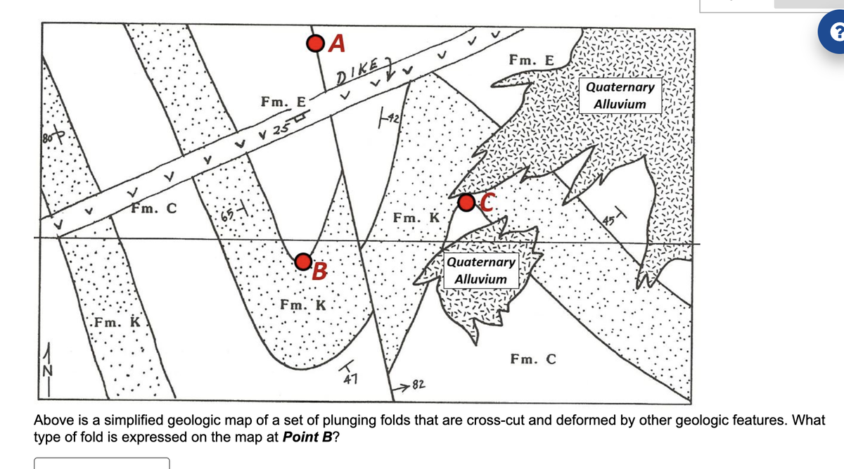 Fm. C
.Fm. K
Fm. E
vv 255
A
B
Fm. K
IK
X
47
|--12)
Fm.
82
Fm. E
Quaternary
Alluvium
Fm. C
Quaternary
Alluvium
|85|
Above is a simplified geologic map of a set of plunging folds that are cross-cut and deformed by other geologic features. What
type of fold is expressed on the map at Point B?
?