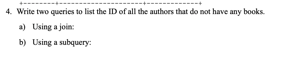 4. Write two queries to list the ID of all the authors that do not have
any
books.
a) Using a join:
b) Using a subquery:
