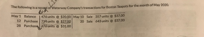 The following is a record of Waterway Company's transactions for Boston Teapots for the month of May 2020.
آلية
May 1 Balance
12
28
476 units @ $20.00 May 10 Sale 357 units@ $37.00
714 units @ $27.00
20 Sale 643 units @ $37.00
Purchase
Purchase 476 units @ $31.00