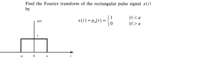 Find the Fourier transform of the rectangular pulse signal x(1)
by
Irl< a
x(t) = p.(t) -
Iel> a
