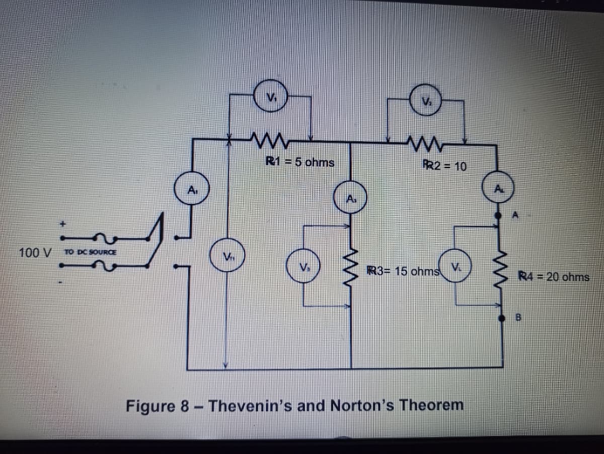 R1=5 ohms
R22 = 10
100 V
TO DC SOURCE
R3= 15 ohms
R4 20 ohmns
B
Figure 8- Thevenin's and Norton's Theorem
