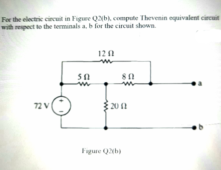 For the electric circuit in Figure Q2(b), compute Thevenin equivalent circuit
with respect to the terminals a, b for the circuit shown.
12 N
72 V
20 N
Figure Q2(b)
