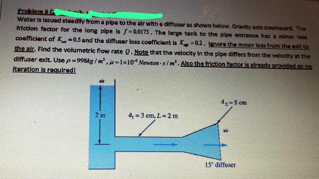 Problem 3
Water is issued steadily from a pipe to the air with a diffuser as shown below. Gravity acts downward. The
friction factor for the long pipe is f-0.0175. The large tank to the pipe entrance has a minor loss
coefficient of K = 0.5 and the diffuser loss coefficient is K-0.2. Ignore the minor loss from the exit to
the air, Find the volumetric flow rate Q. Note that the velocity in the pipe differs from the velocity at the
diffuser exit. Use p=998kg/m³,4=1x10 Newton-s/m². Also the friction factor is already provided so no
iteration is required!
2 m
d₁ = 3 cm, L = 2 m
d₂=5 cm
air
15 diffuser