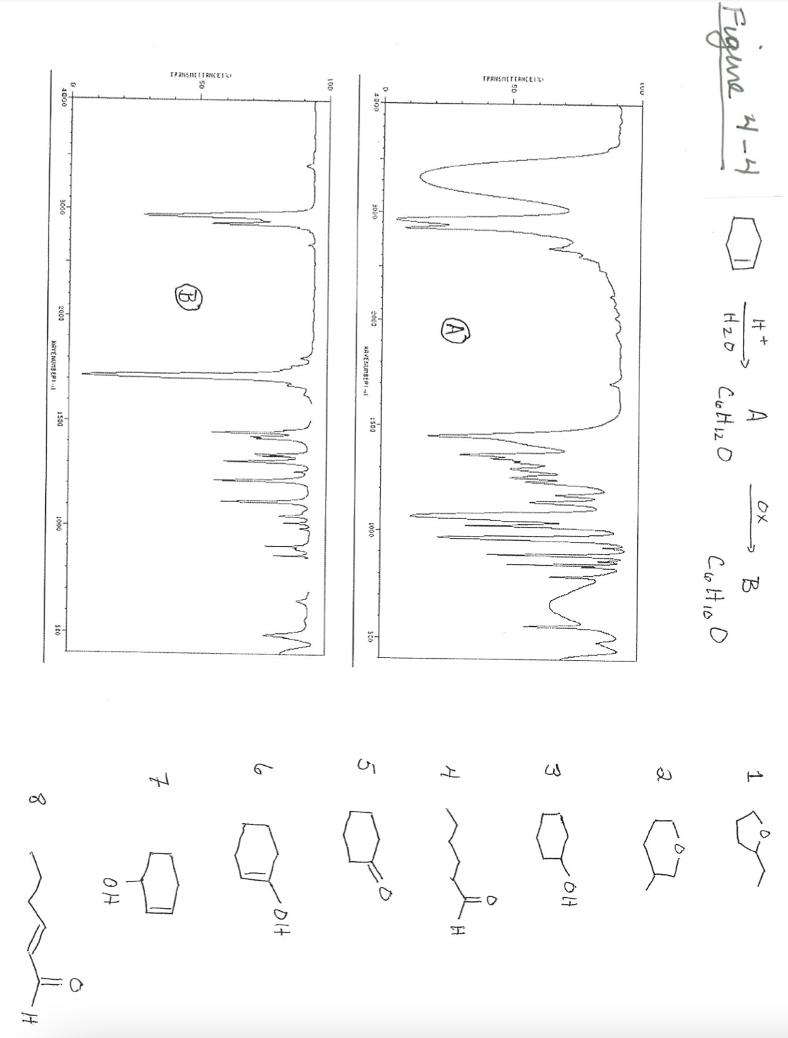 Figure
LUU
100
TRANSMETTANCE
f
4300
4000
4-4
3000
3000
It
H₂0
+
(A)
2000
2000
A
C6H12O
XAVENUMBER:
NAVENUS EPI.
:500
m
1500
Ox
1/1
1000
→
1000
B
Соню о
Sco
m
SCO
2
4
5
6
7
8
OH
H
• Ol
OH
H