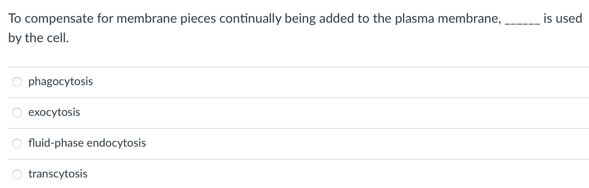 To compensate for membrane pieces continually being added to the plasma membrane,
by the cell.
phagocytosis
exocytosis
fluid-phase endocytosis
transcytosis
is used
