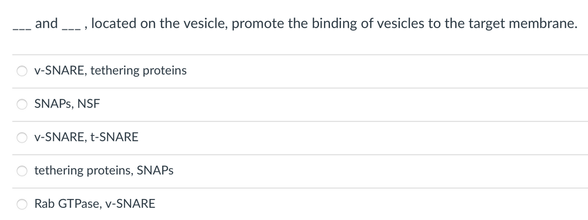 and ___, located on the vesicle, promote the binding of vesicles to the target membrane.
v-SNARE, tethering proteins
SNAPS, NSF
v-SNARE, t-SNARE
tethering proteins, SNAPS
Rab GTPase, v-SNARE