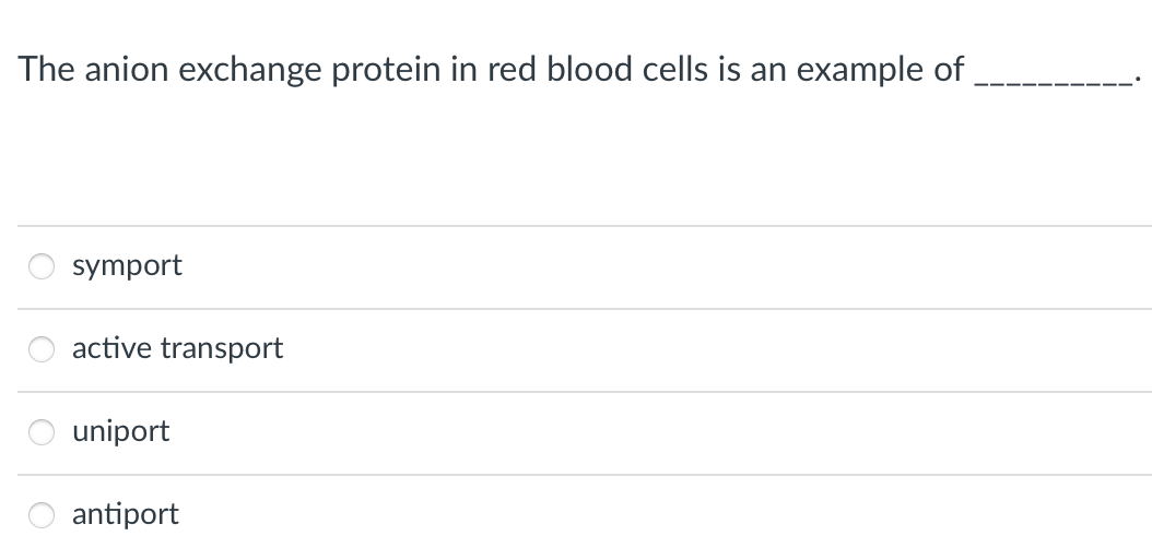 The anion exchange protein in red blood cells is an example of
symport
active transport
uniport
antiport