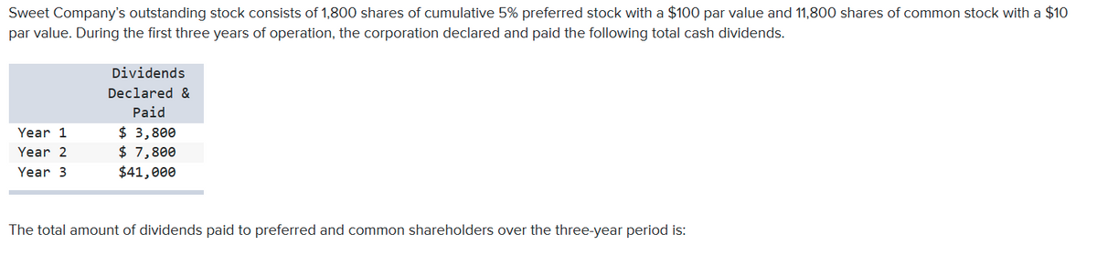 Sweet Company's outstanding stock consists of 1,800 shares of cumulative 5% preferred stock with a $100 par value and 11,800 shares of common stock with a $10
par value. During the first three years of operation, the corporation declared and paid the following total cash dividends.
Dividends
Declared &
Paid
$ 3,800
$ 7,800
Year 1
Year 2
Year 3
$41,000
The total amount of dividends paid to preferred and common shareholders over the three-year period is:
