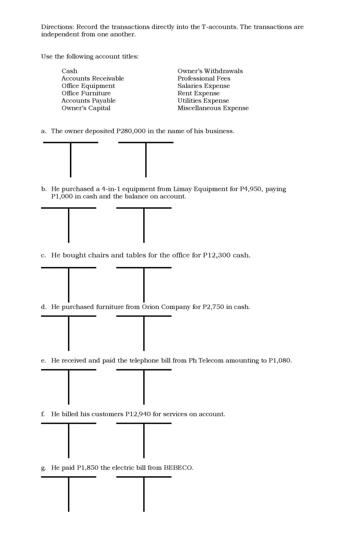 Directions: Record the transactions directly into the T-accounts. The transactions are
independent from one another.
Use the following account titles:
Cash
Owner's Withdrawals
Accounts Receivable
Professional Fees
Office Equipment
Salaries Expense
Rent Expense
Utilities Expense
Miscellaneous Expense
Office Furniture
Accounts Payable
Owner's Capital
a. The owner deposited P280,000 in the name of his business.
b. He purchased a 4-in-1 equipment from Limay Equipment for P4,950, paying
P1,000 in cash and the balance on account.
c. He bought chairs and tables for the office for P12,300 cash.
d. He purchased furniture from Orion Company for P2,750 in cash.
e. He received and paid the telephone bill from Ph Telecom amounting to P1,080.
f. He billed his customers P12,940 for services on account.
g. He paid P1,850 the electric bill from BEBECO.
