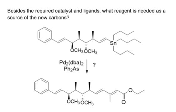 Besides the required catalyst and ligands, what reagent is needed as a
source of the new carbons?
Sn
OCH3 OCH 3
Pd₂(dba)2
?
Ph₂As
OCH3OCH3