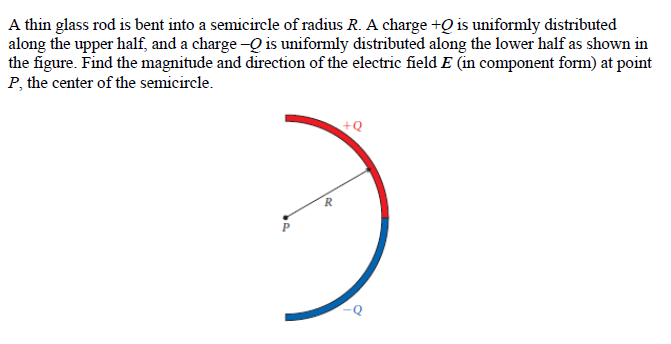 A thin glass rod is bent into a semicircle of radius R. A charge +Q is uniformly distributed
along the upper half, and a charge -Q is uniformly distributed along the lower half as shown in
the figure. Find the magnitude and direction of the electric field E (in component form) at point
P, the center of the semicircle.
+Q
