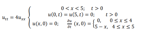 utt = 4uxx
0<x< 5; t > 0
u(0, t) = u(5, t) = 0;
u(x, 0) = 0;
Ju
at
t> 0
0≤x≤4
(x,0)=(5-x, 4≤x≤5