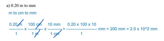 a) 0.20 m to mm
m to cm to mm
0.20100 c 10 mm
X
X
17 197
1
0.20 x 100 x 10
1
mm 200 mm =
2.0 x 10^2 mm