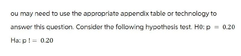 ou may need to use the appropriate appendix table or technology to
answer this question. Consider the following hypothesis test. H0: p = 0.20
Ha: p! = 0.20