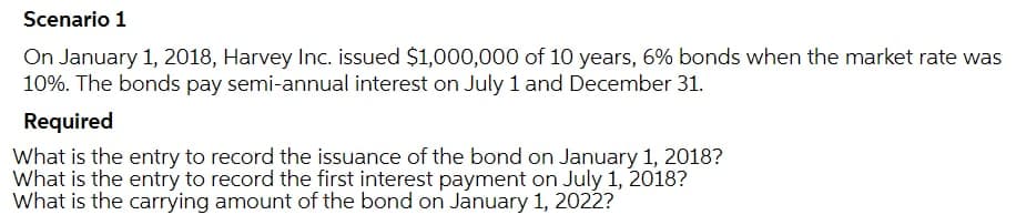 Scenario 1
On January 1, 2018, Harvey Inc. issued $1,000,000 of 10 years, 6% bonds when the market rate was
10%. The bonds pay semi-annual interest on July 1 and December 31.
Required
What is the entry to record the issuance of the bond on January 1, 2018?
What is the entry to record the first interest payment on July 1, 2018?
What is the carrying amount of the bond on January 1, 2022?
