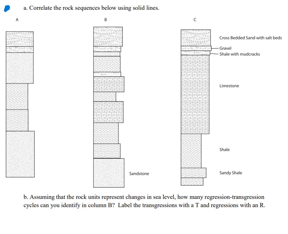 a. Correlate the rock sequences below using solid lines.
B
Sandstone
с
Cross Bedded Sand with salt beds
-Gravel
- Shale with mudcracks
Limestone
Shale
Sandy Shale
b. Assuming that the rock units represent changes in sea level, how many regression-transgression
cycles can you identify in column B? Label the transgressions with a T and regressions with an R.