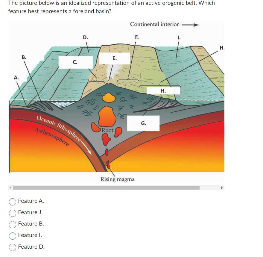 The picture below is an idealized representation of an active orogenic belt. Which
feature best represents a foreland basin?
A.
B.
D.
E.
C.
اور اگر کر
Continental interior
F.
Oceanic lithosphere-
Asthenosphere
Root
G.
Feature A.
Feature J.
Feature B.
Feature I.
Feature D.
Rising magma
H.
I.
H.