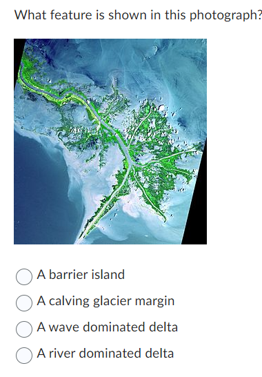 What feature is shown in this photograph?
A barrier island
A calving glacier margin
A wave dominated delta
A river dominated delta