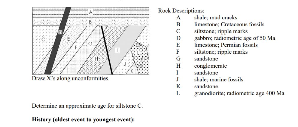 TI 11 TI 11
m.n TT
C
"
A
D
LIT FL
XXXX
A
TEIT
Bro
G
Tr 11
TYY π XXX XXX
Draw X's along unconformities.
Determine an approximate age for siltstone C.
History (oldest event to youngest event):
Rock Descriptions:
A
B
с
D
E
F
G
H
I
J
K
L
shale; mud cracks
limestone; Cretaceous fossils
siltstone; ripple marks
gabbro; radiometric age of 50 Ma
limestone; Permian fossils
siltstone; ripple marks
sandstone
conglomerate
sandstone
shale; marine fossils
sandstone
granodiorite; radiometric age 400 Ma