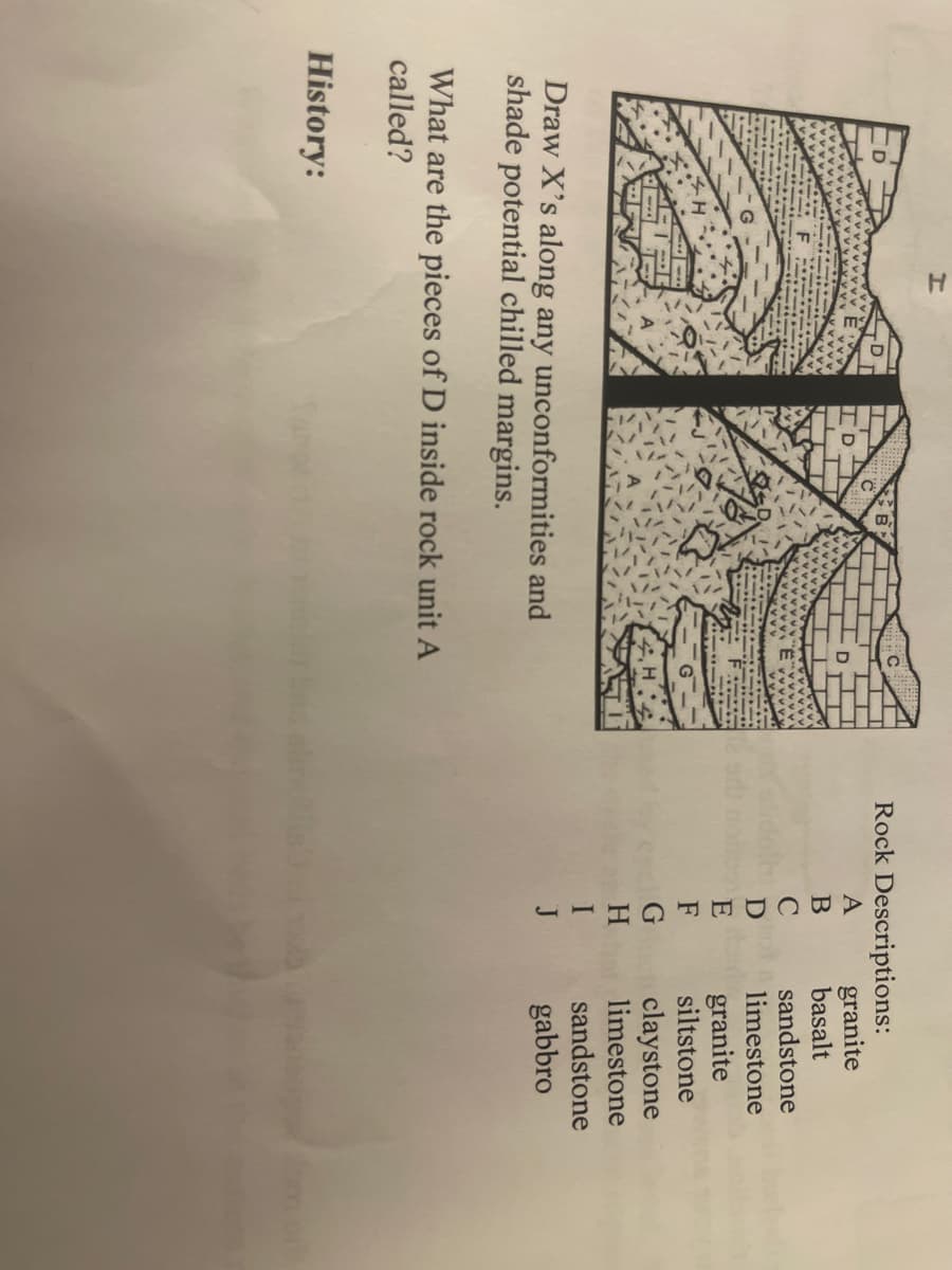 H
Draw X's along any unconformities and
shade potential chilled margins.
What are the pieces of D inside rock unit A
called?
History:
Rock Descriptions:
A
B
D
E
G
H
I
J
granite
basalt
sandstone
limestone
granite
siltstone
claystone
limestone
sandstone
gabbro