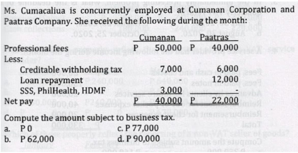 Ms. Cumacaliua is concurrently employed at Cumanan Corporation and
Paatras Company. She received the following during the month:
Cumanan
50,000 P
Paatras
40,000
Professional fees
P
Less:
6,000
12,000
Creditable withholding tax
Loan repayment
SSS, PhilHealth, HDMF
Net pay
7,000
3.000
40.000 P
P.
22,000
ist
Compute the amount subject to business tax.
c. P 77,000
d. P 90,000
a.
PO
Her
b. P 62,000
combare tue smonur
