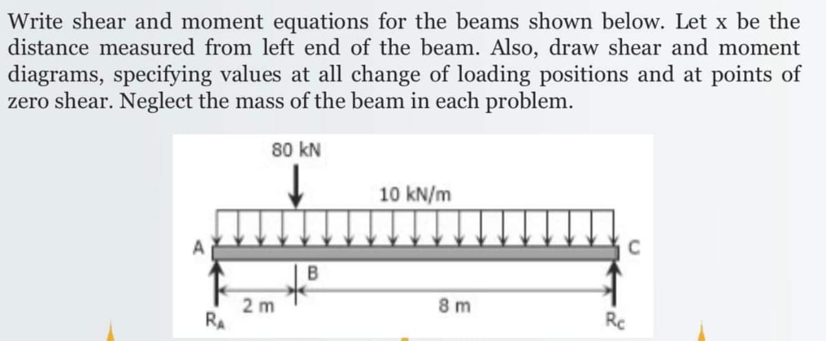 Write shear and moment equations for the beams shown below. Let x be the
distance measured from left end of the beam. Also, draw shear and moment
diagrams, specifying values at all change of loading positions and at points of
zero shear. Neglect the mass of the beam in each problem.
80 KN
↓
10 kN/m
C
RA
2 m
B
8m
Rc