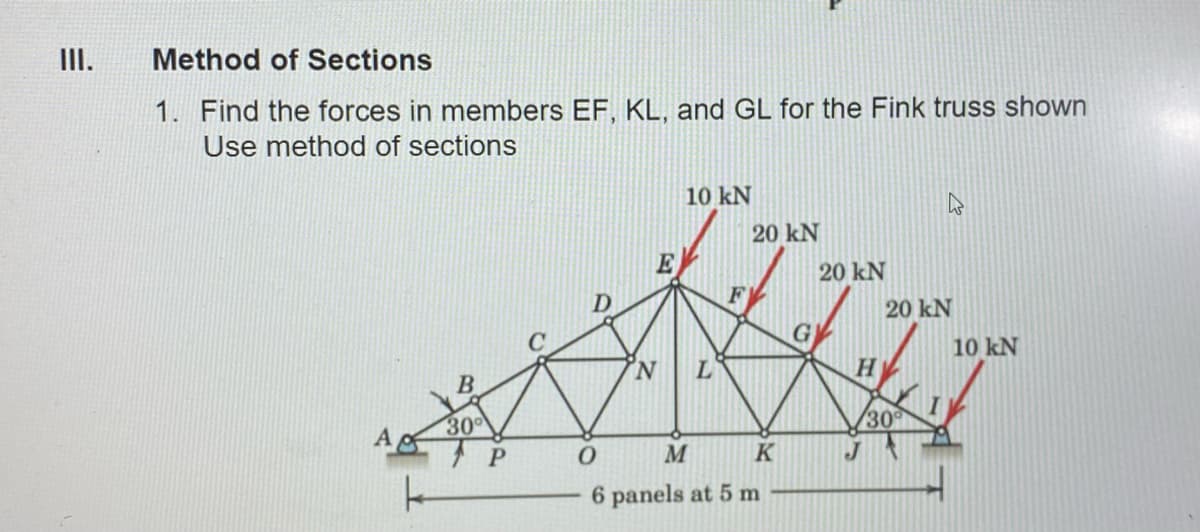 II.
Method of Sections
1. Find the forces in members EF, KL, and GL for the Fink truss shown
Use method of sections
10 kN
20 kN
20 kN
F
20 kN
G
10 kN
'N.
300
30
M
K
6 panels at 5 m
