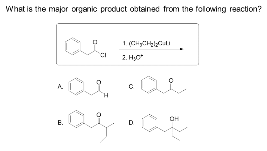 What is the major organic product obtained from the following reaction?
A.
CI
B.
H
1. (CH3CH₂)2CuLi
2. H3O+
C.
D.
•ay.a
OH