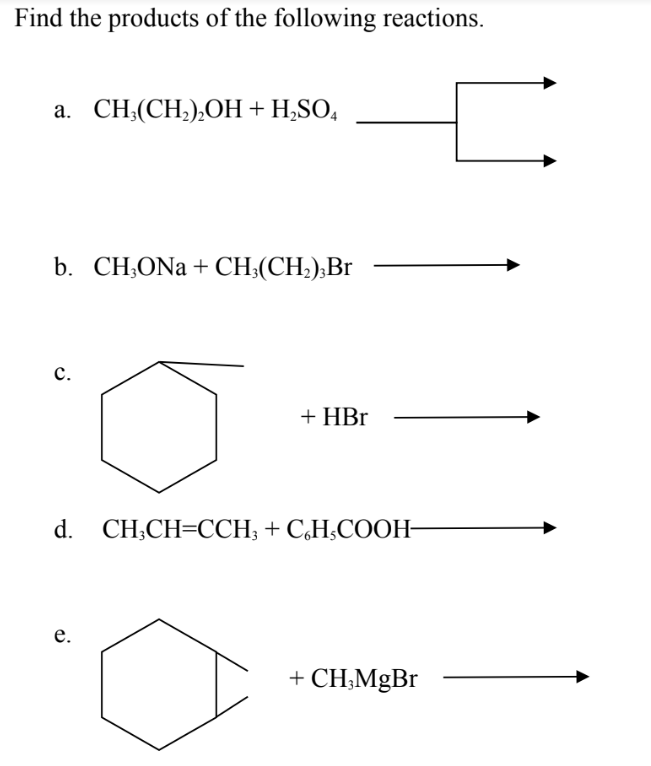 Find the products of the following reactions.
а. СН.(СH),ОН + H.SO,
b. CH;ONa + CH;(CH2);Br
с.
+ HBr
d.
СCH,CH-CСH, + CH,COОН
е.
+ CH;MgBr
