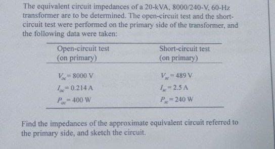 The equivalent circuit impedances of a 20-kVA, 8000/240-V, 60-Hz
transformer are to be determined. The open-circuit test and the short-
circuit test were performed on the primary side of the transformer, and
the following data were taken:
Open-circuit test
(on primary)
Short-circuit test
(on primary)
8000 V
V= 489 V
I0.214 A
2.5 A
P= 400 W
P= 240 W
Find the impedances of the approximate equivalent circuit referred to
the primary side, and sketch the circuit.
