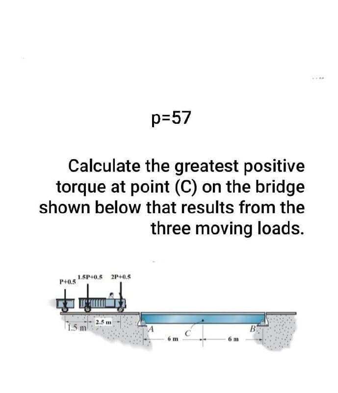 p=57
Calculate the greatest positive
torque at point (C) on the bridge
shown below that results from the
three moving loads.
1.5P+0.5 2P+0.5
P+0.5
2.5 m
1.5 ml
B
6 m
6 m
