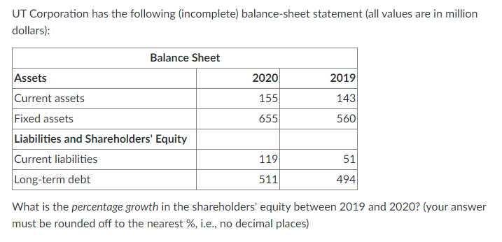 UT Corporation has the following (incomplete) balance-sheet statement (all values are in million
dollars):
Balance Sheet
Assets
2020
2019
Current assets
155
143
Fixed assets
Liabilities and Shareholders' Equity
Current liabilities
655
560
119
51
Long-term debt
511
494
What is the percentage growth in the shareholders' equity between 2019 and 2020? (your answer
must be rounded off to the nearest %, i.e., no decimal places)
