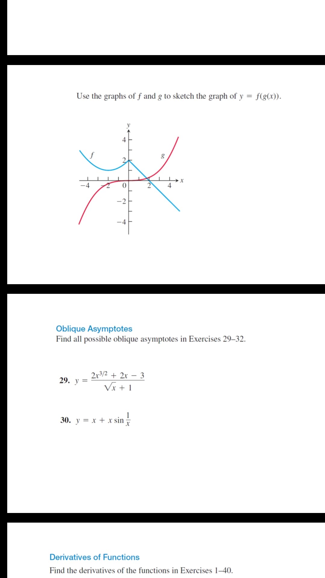 Use the graphs of f and g to sketch the graph of y = f(g(x)).
4
4
4
-2
-4
Oblique Asymptotes
Find all possible oblique asymptotes in Exercises 29–32.
2r3/2 + 2x – 3
29. у
Vx + 1
30. y = x + xr sin
Derivatives of Functions
Find the derivatives of the functions in Exercises 1–40.
